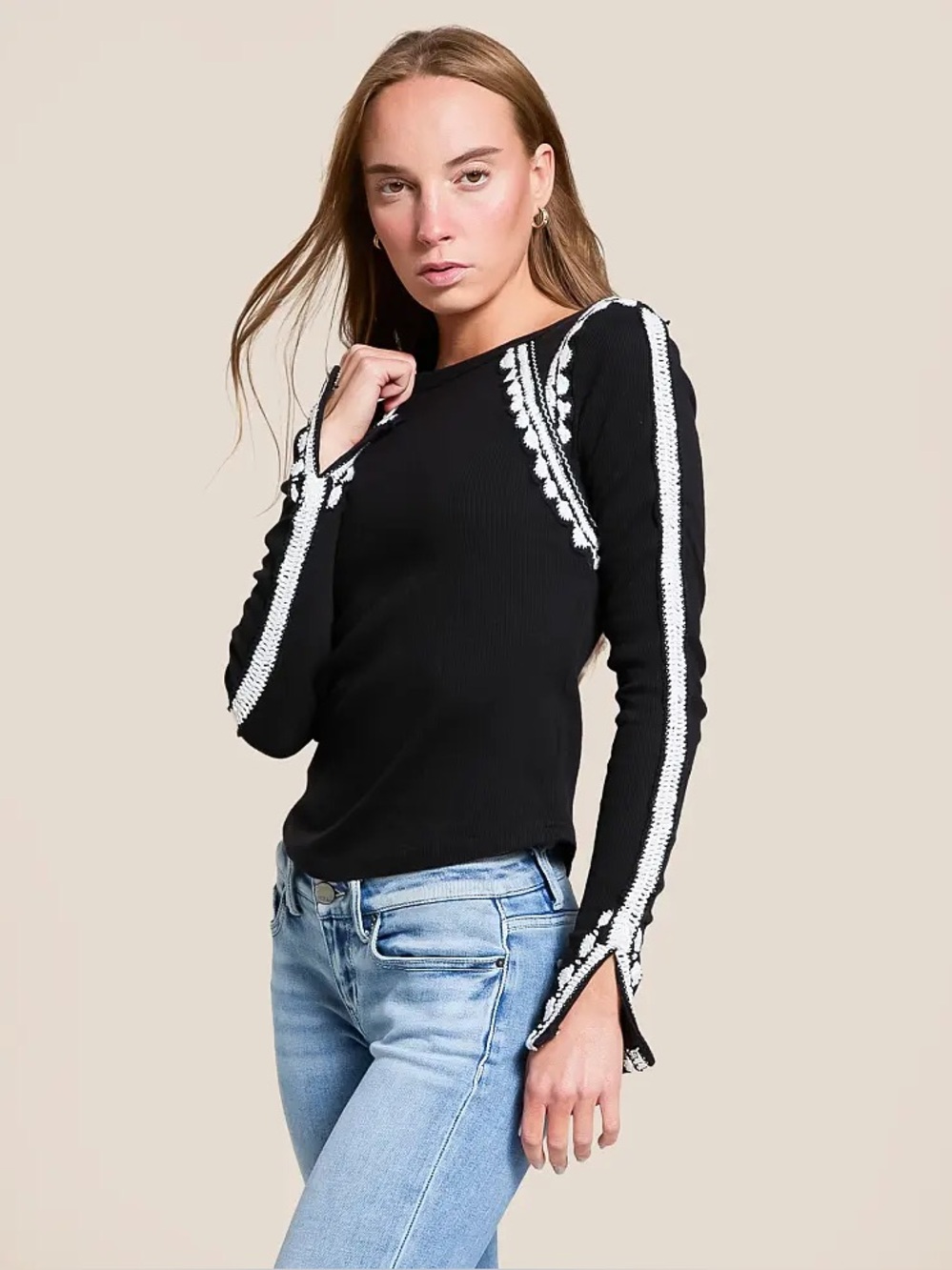 Free People Lost Love contrast trim top large black white stitching rodeo